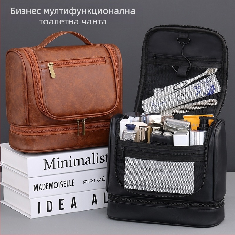 Нова многофункционална чанта за съхранение на козметика от висок клас с голям капацитет, двуслойна, за мъже, висяща, от полиуретан