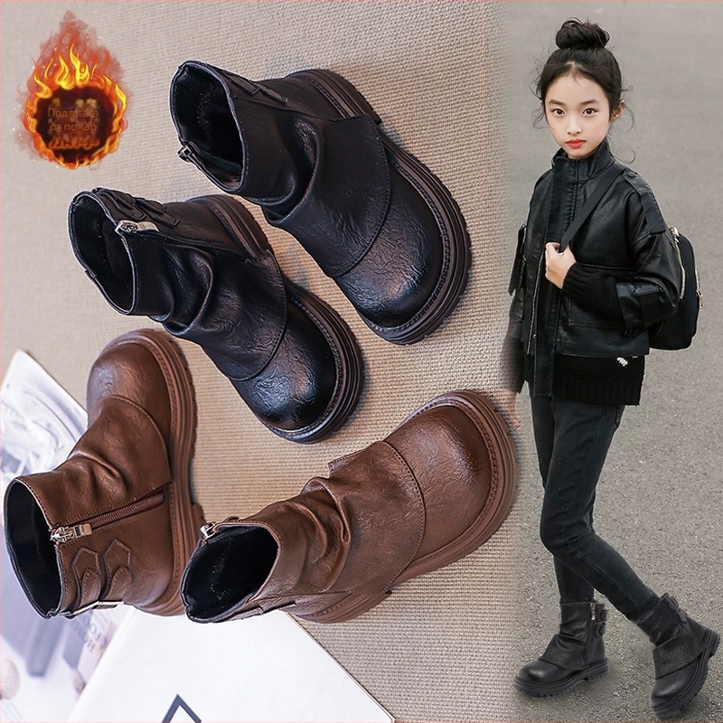 Нови есенни детски ботуши в корейски стил 2024, прости и универсални принцесни ботуши за момичета, модерни кожени ботуши, модерни единични ботуши