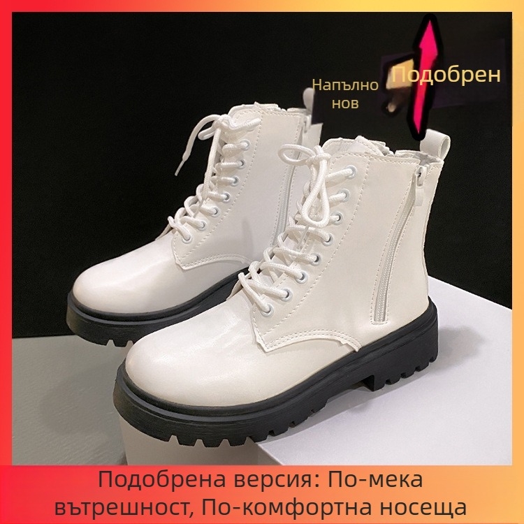Британски ботуши с голям размер за есен и зима 2025, нови бели дамски обувки с дебел ток и заоблен връх, дамски ботуши с връзки