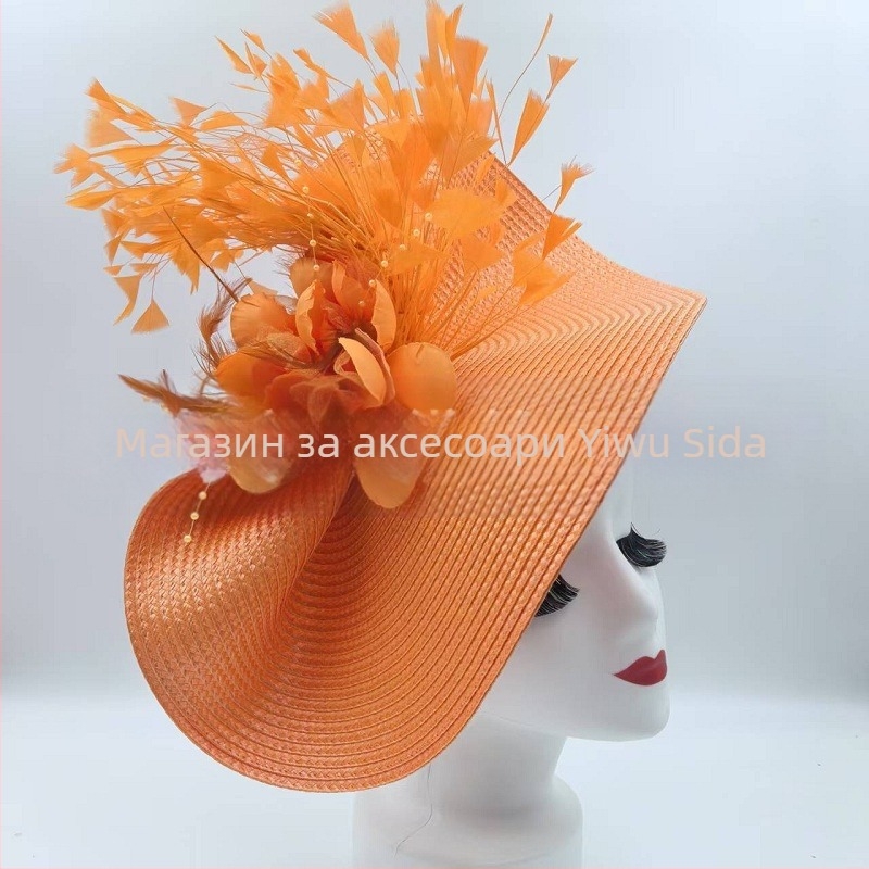 Amazon Горещо продавана европейска и американска цилиндър шапка преувеличена цветна сламена шапка с пера Темперамент на знаменитости за конни надбягвания Фестивал Булчинска лента за глава