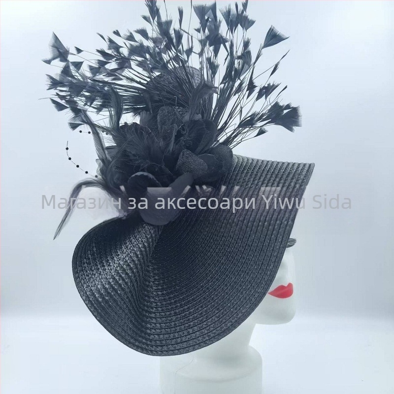 Amazon Горещо продавана европейска и американска цилиндър шапка преувеличена цветна сламена шапка с пера Темперамент на знаменитости за конни надбягвания Фестивал Булчинска лента за глава