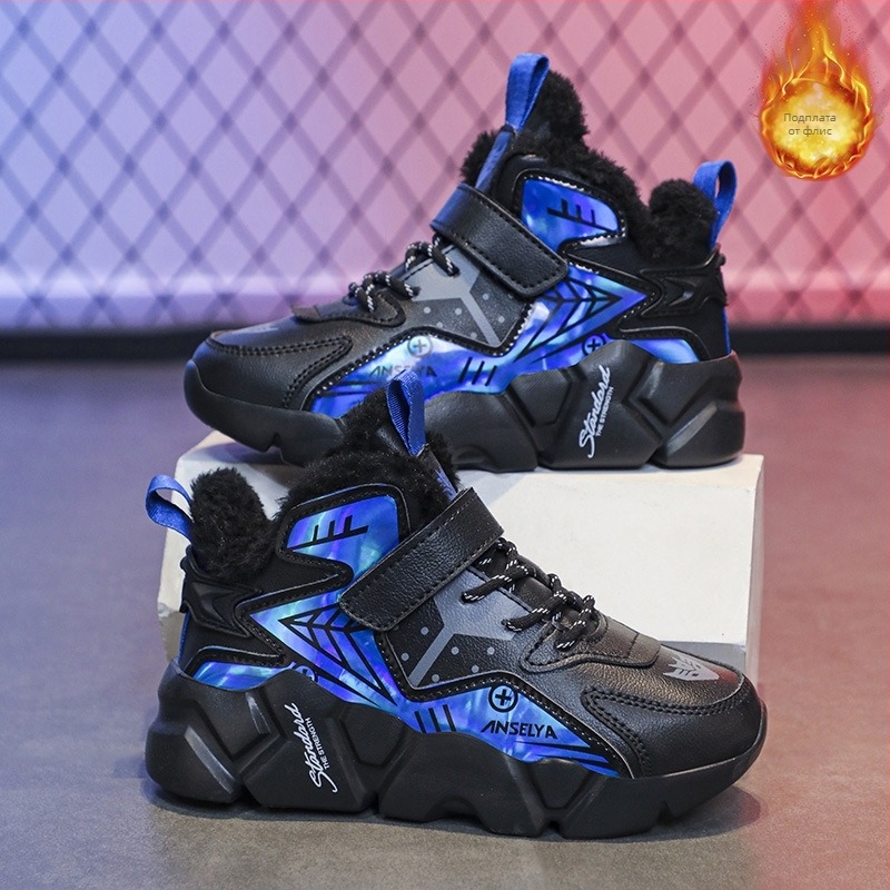 Обувки за момчета 2024 Зима Нови детски леки маратонки с велкро за бягане Детски топли памучни обувки с полар