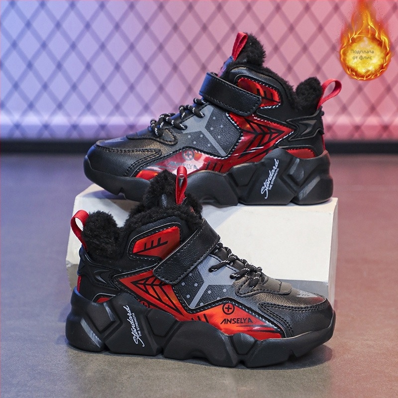 Обувки за момчета 2024 Зима Нови детски леки маратонки с велкро за бягане Детски топли памучни обувки с полар