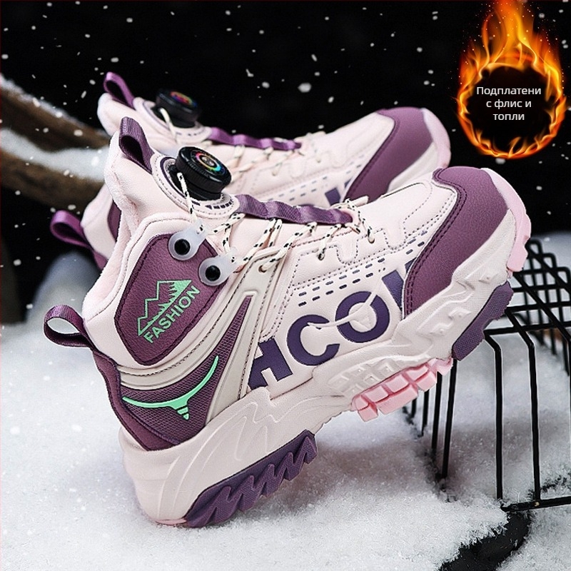 Момичешки големи памучни обувки 2024 нови зимни маратонки с полар, детски дебели топли, неплъзгащи се туристически обувки