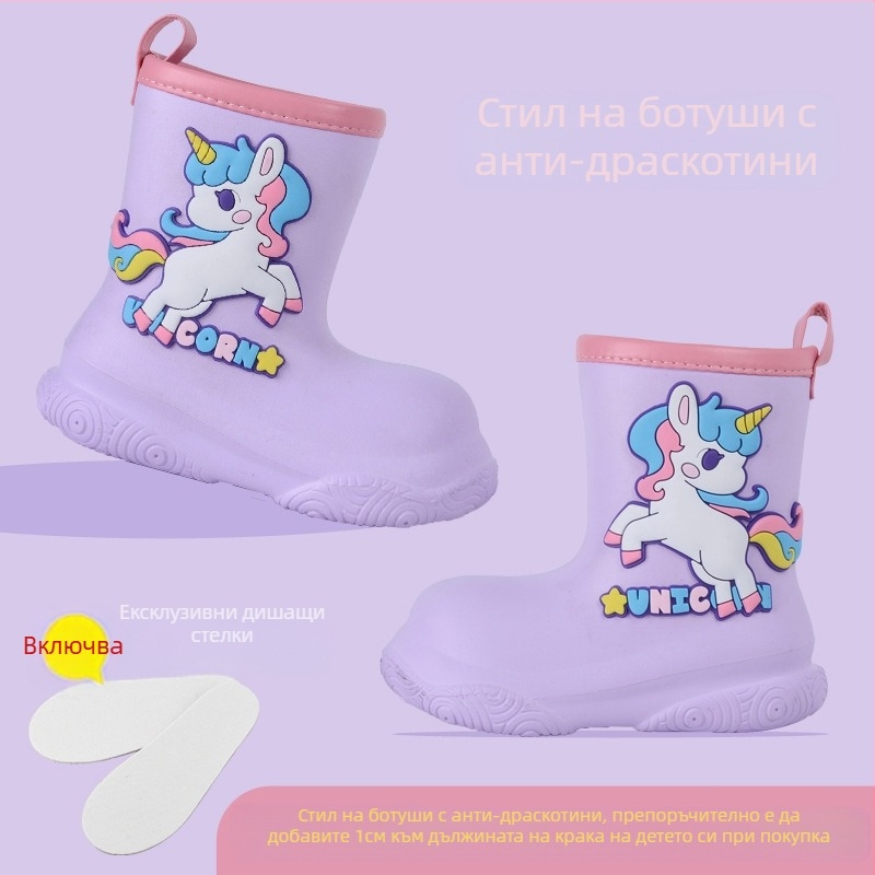 Детски гумени ботуши за момичета 3-12 години, бебешки анимационни EVA връхни обувки, водоустойчиви, неплъзгащи се, мека подметка, среден размер, гумени ботуши за момчета