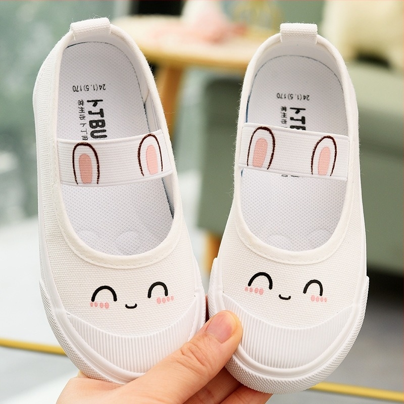 Детски платнени обувки, Бели обувки за момичета, Детски обувки с мека подметка, бели, без връзки за детска градина, Платнени обувки за момичета, Студентски обувки за дома