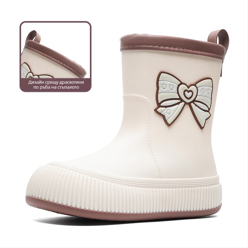 Трансгранични сладки гумени ботуши с панделка, дамски модерни връхни дрехи, водоустойчиви обувки със средна тръба, красиви гумени ботуши, неплъзгащи се гумени обувки