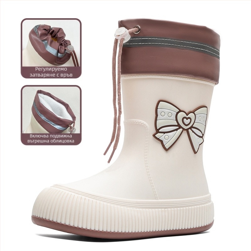 Трансгранични сладки гумени ботуши с панделка, дамски модерни връхни дрехи, водоустойчиви обувки със средна тръба, красиви гумени ботуши, неплъзгащи се гумени обувки