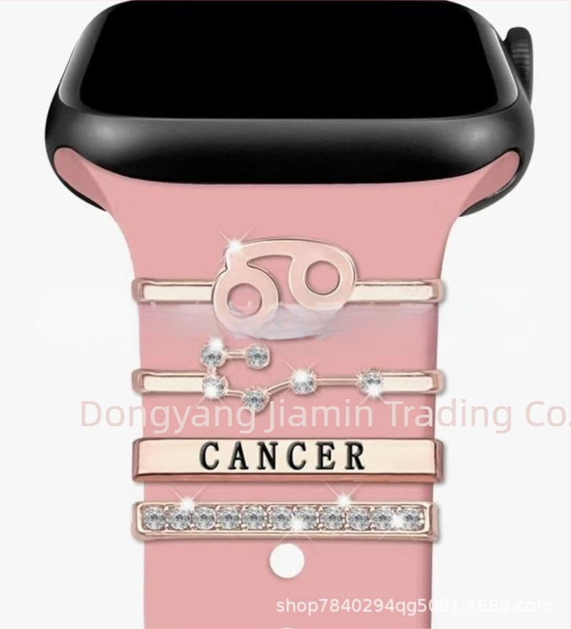 Комплект за декоративни нокти с дванадесет зодии, подходящ за Apple Watch, силиконова каишка, аксесоари с кристали, висулка със зодия.