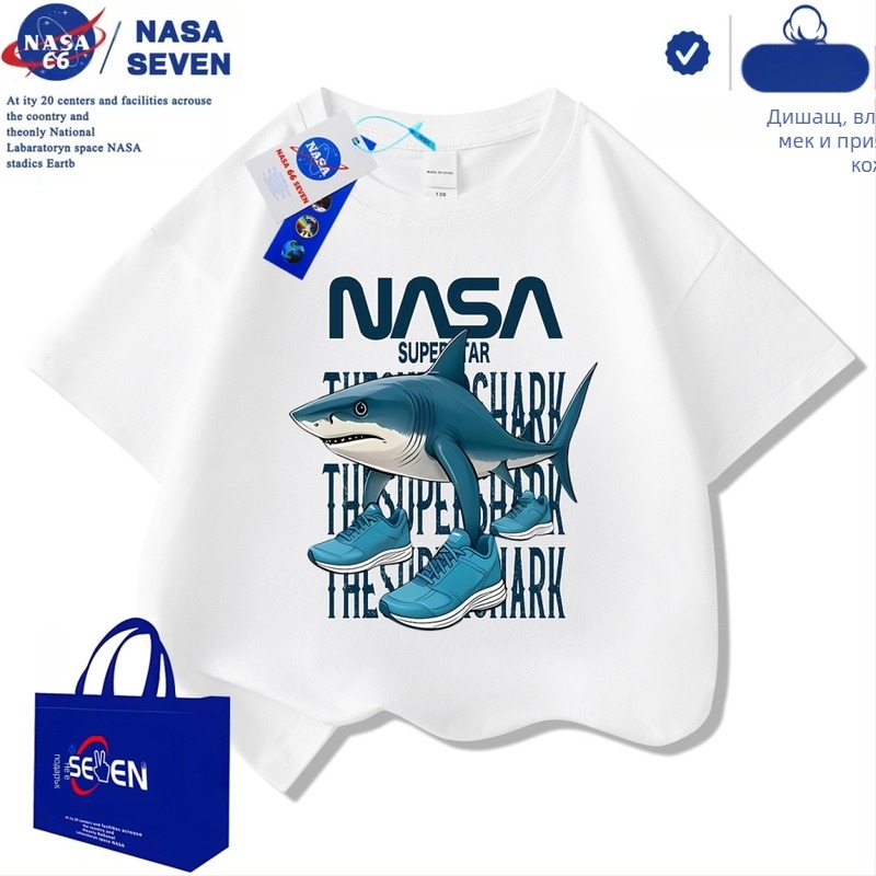 Детски къс ръкав Nasa Shanhaijing, обувки Tungtungsahur Shark, тениска от чист памук, размер M и L, модерни детски топове