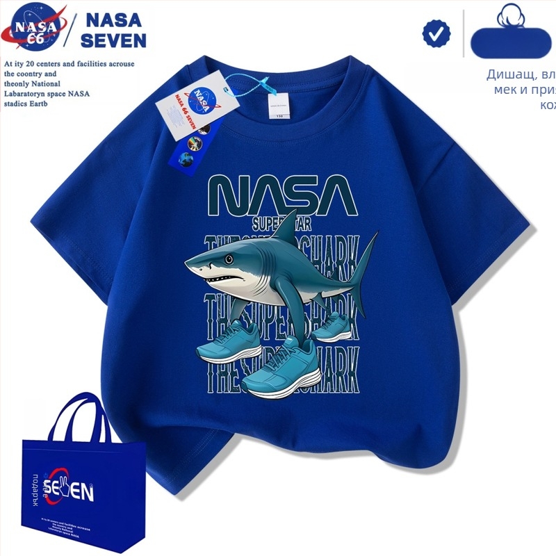 Детски къс ръкав Nasa Shanhaijing, обувки Tungtungsahur Shark, тениска от чист памук, размер M и L, модерни детски топове