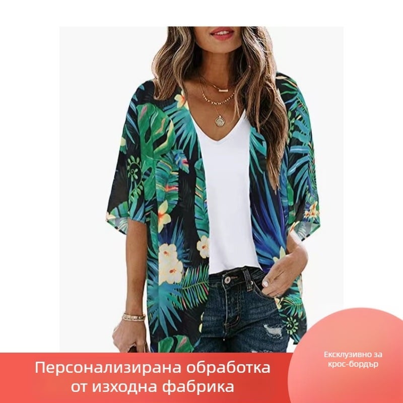 2023 Amazon Европа и Америка Трансгранична външна търговия Нова гореща шифонена ваканционна жилетка с щампа на слънцезащитен плажен блуза