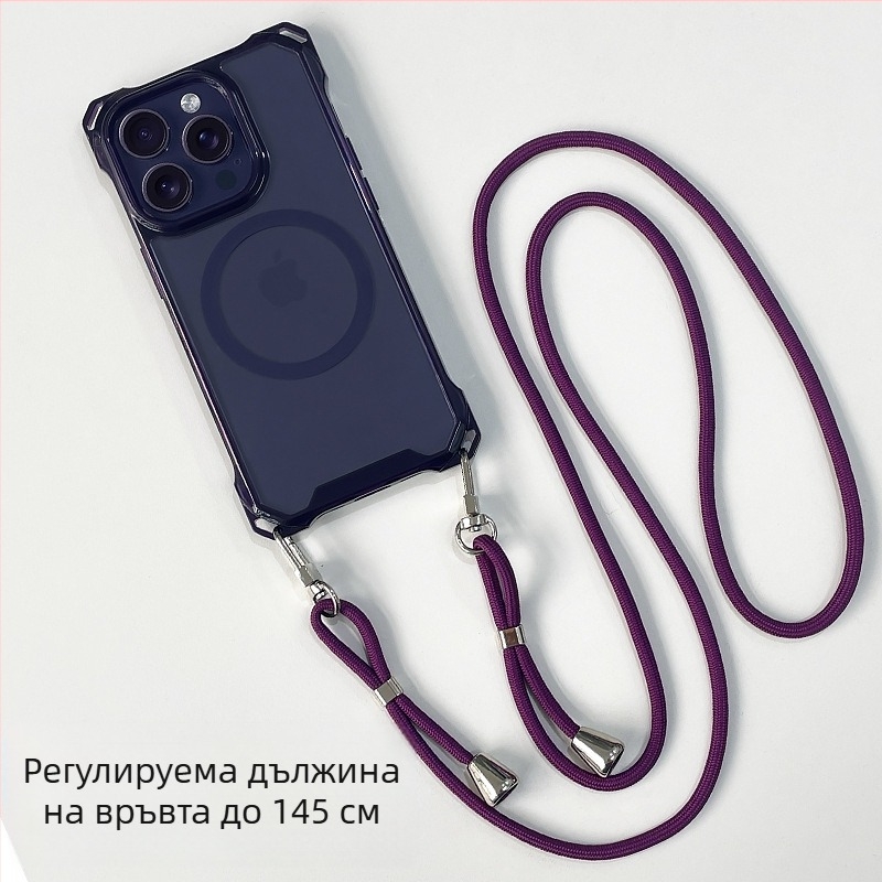Подходящ за Apple 17 Pro Max калъф за телефон с каишка през рамо, iPhone 16 с магнитно засмукване, iPhone 14 Plus с пълно покритие, 13 с защита от падане, 12