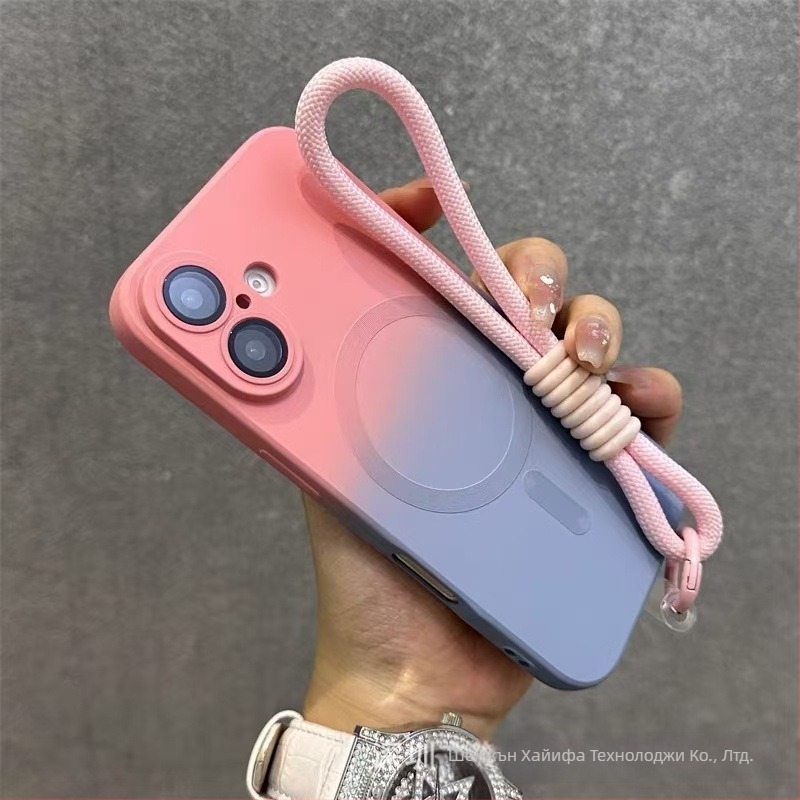 Подходящ за Apple 17 Promax Gradient Magnetic Case за iPhone 16, силиконов матиран калъф за обектив с пълно покритие и меко покритие.