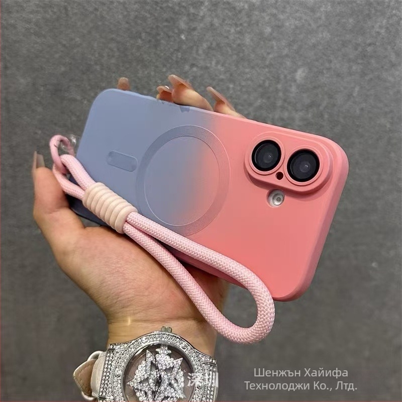 Подходящ за Apple 17 Promax Gradient Magnetic Case за iPhone 16, силиконов матиран калъф за обектив с пълно покритие и меко покритие.
