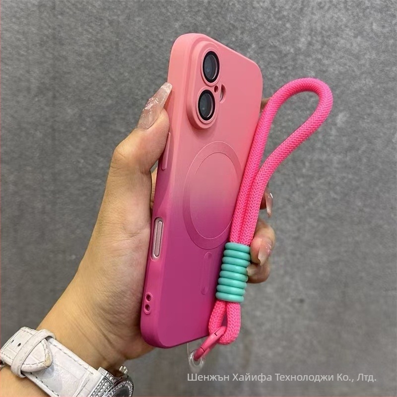 Подходящ за Apple 17 Promax Gradient Magnetic Case за iPhone 16, силиконов матиран калъф за обектив с пълно покритие и меко покритие.
