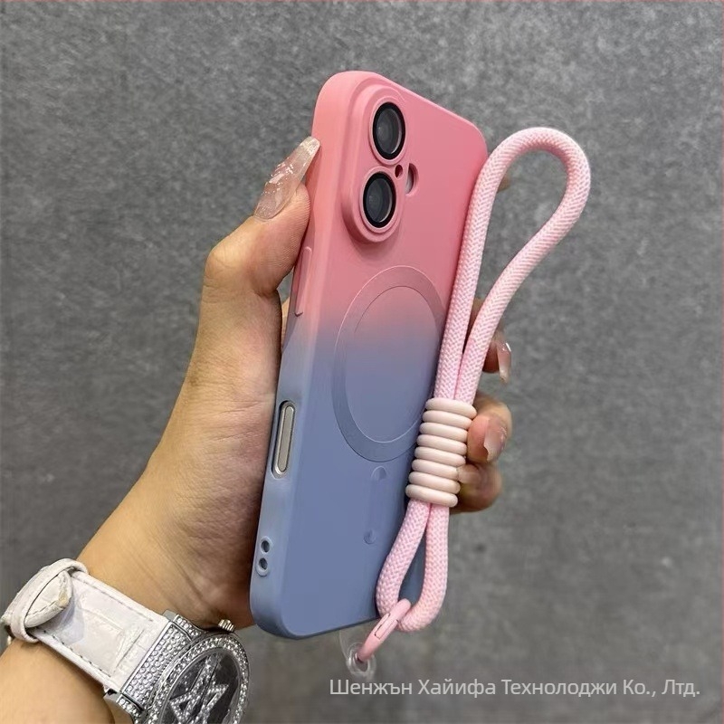 Подходящ за Apple 17 Promax Gradient Magnetic Case за iPhone 16, силиконов матиран калъф за обектив с пълно покритие и меко покритие.