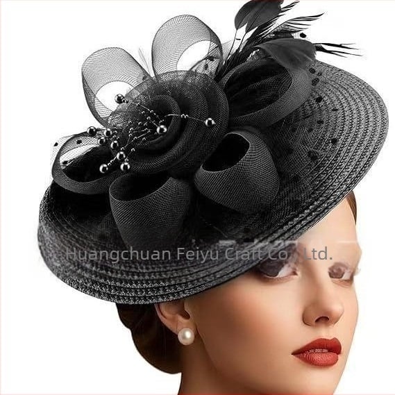 Популярни Amazon Малка шапка за глава Европейски и американски булчински шапки Хелоуин Мрежести аксесоари за коса с пера Жокей клубна шапка