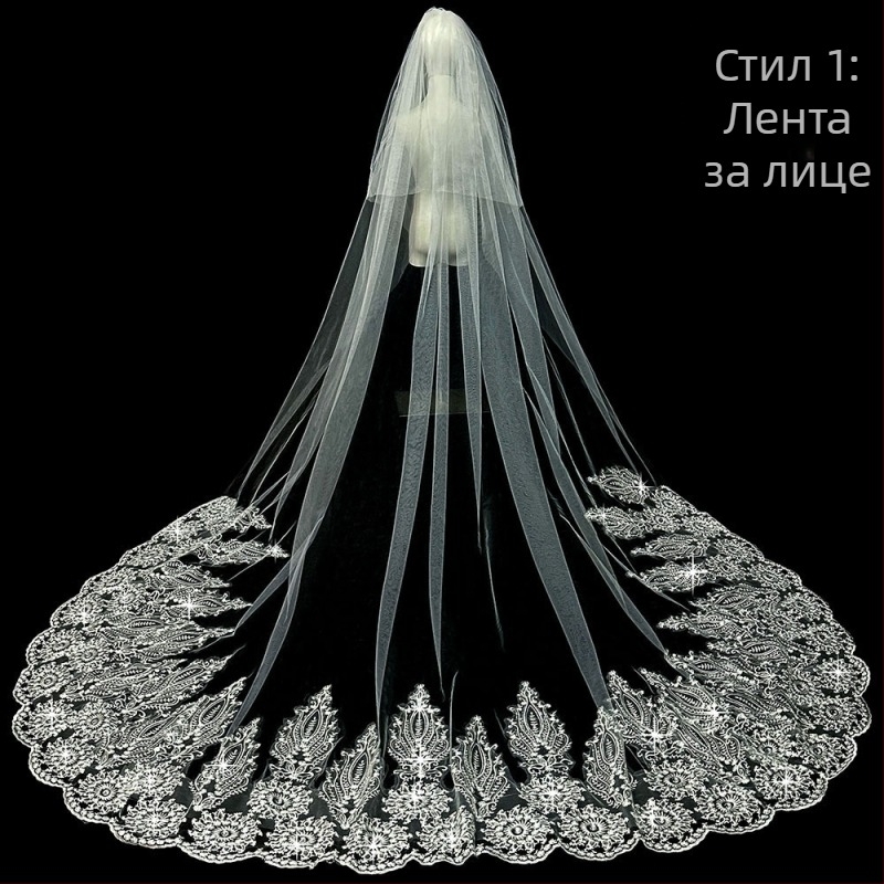 Булка Сватба Главна Сватбена Рокля Воал Супер Безсмъртен Мори Корейски Стил Дълга Опашка Дантелен Воал Аксесоари