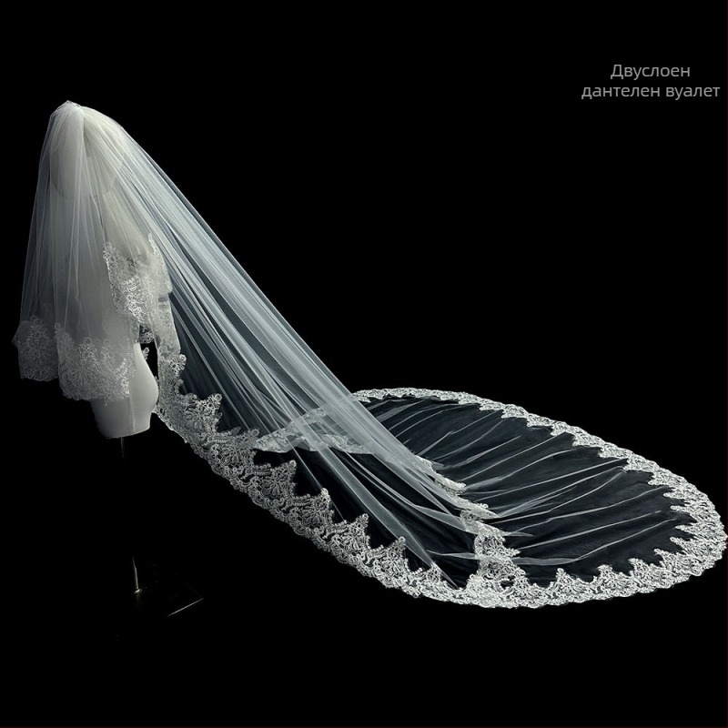 Булка Сватба Главна Сватбена Рокля Воал Супер Безсмъртен Мори Корейски Стил Дълга Опашка Дантелен Воал Аксесоари