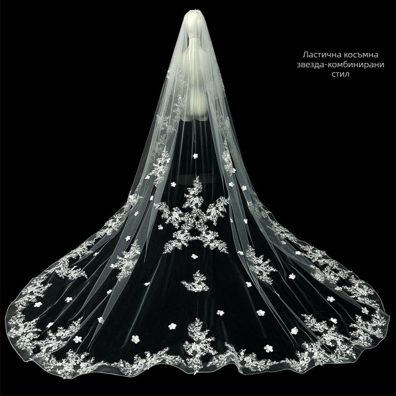 Булка Сватба Главна Сватбена Рокля Воал Супер Безсмъртен Мори Корейски Стил Дълга Опашка Дантелен Воал Аксесоари