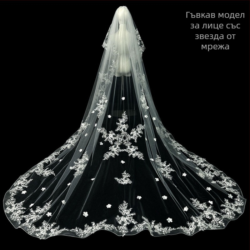 Булка Сватба Главна Сватбена Рокля Воал Супер Безсмъртен Мори Корейски Стил Дълга Опашка Дантелен Воал Аксесоари