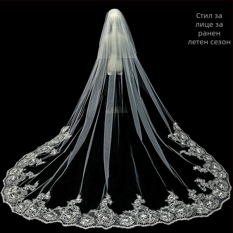 Булка Сватба Главна Сватбена Рокля Воал Супер Безсмъртен Мори Корейски Стил Дълга Опашка Дантелен Воал Аксесоари