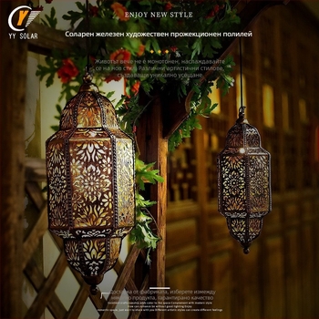 Соларен железен външен висящ прожекционен полилей – LED осветление, 6–12 ч работа, 0–2W, 1.2V, индуктивен превключвател