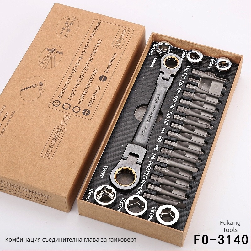 FO-3140 Разглобителен комплект: Torx, кръстови и шестостенни битове, с въртящ ключ и гнезда; Материал: Chromium vanadium steel; 23 части; за домашни машини