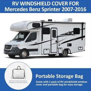 Слънцезащитен екран за Mercedes-Benz Sprinter 515 RV – алуминиево фолио, вграден монтаж, ивици, минималистичен стил, пасва на интегрираните предни и странични прозорци