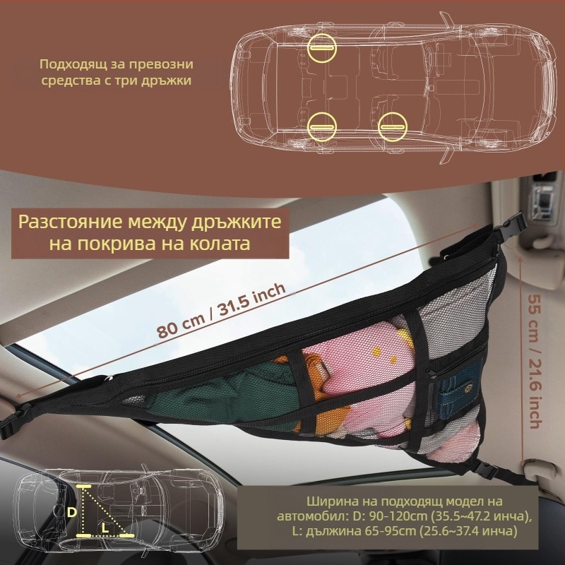 Автомобилна вътрешна таванна багажна мрежа, двупластова, персонализируема с частно етикетиране; подходяща за пътуване и употреба в работилници, складове, летища, пристанища и железопътни обекти