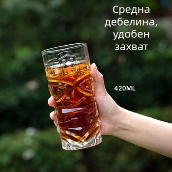 Three Carats стъклена Tiki чаша за коктейли с дизайн на гримаса, капацитет 301-400 мл, лек луксозен ретро стил