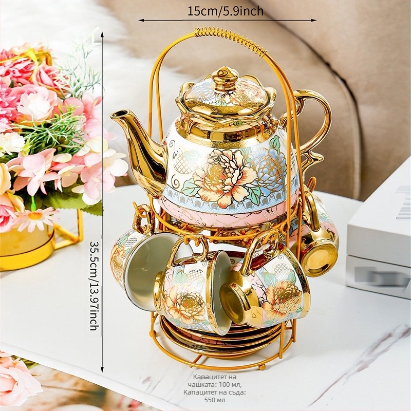 Керамичен комплект чаши за кафе, нордски минимализъм, флорална шарка, електроплакиран финиш, опаковка в поднос