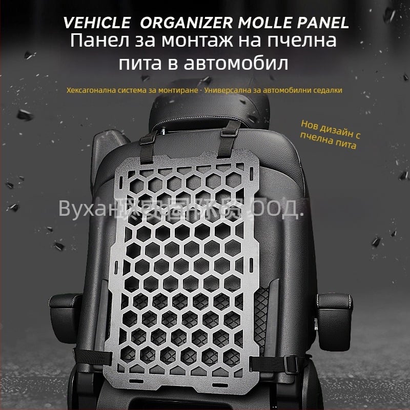 Панел MOLLE за автомобилна седалка, шестогълен дизайн за окачване, пластмасов, водоустойчив и устойчив на натоварване, универсална съвместимост