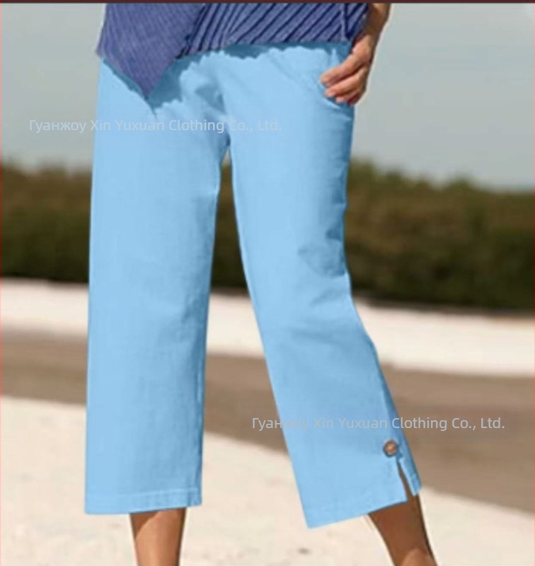 Дамски панталони от памук и лен, с еластична талия, прав силует, микроеластичност, летен модел 2025