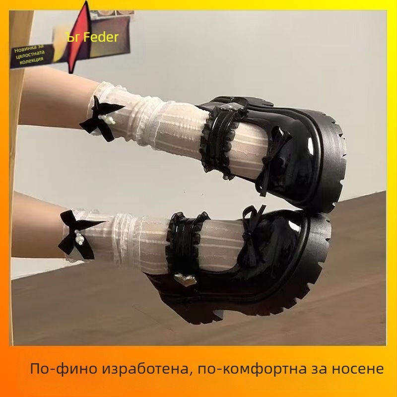 Обувки Мери Джейн с панделка, кръгъл нос, среден ток 3–5 см, подметка гума (Горна част: PU; Вътрешност: PU; Подметка: гума; Нос: кръгъл; Стил: корейска версия)