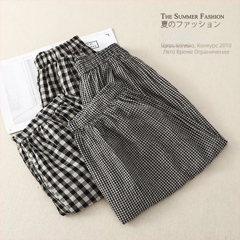 Женски винтидж ленени панталони с каре, cropped Bloomers стил, ежедневни панталони, 70–80% лен, пролет-лято 2025