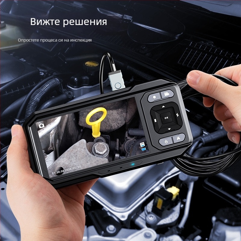 ES02 HD индустриален инспекционен ендоскоп със дисплей — 8 мм сонда, 5 м работна дължина, IP67 водоустойчив, 720P HD дисплей, LED осветление