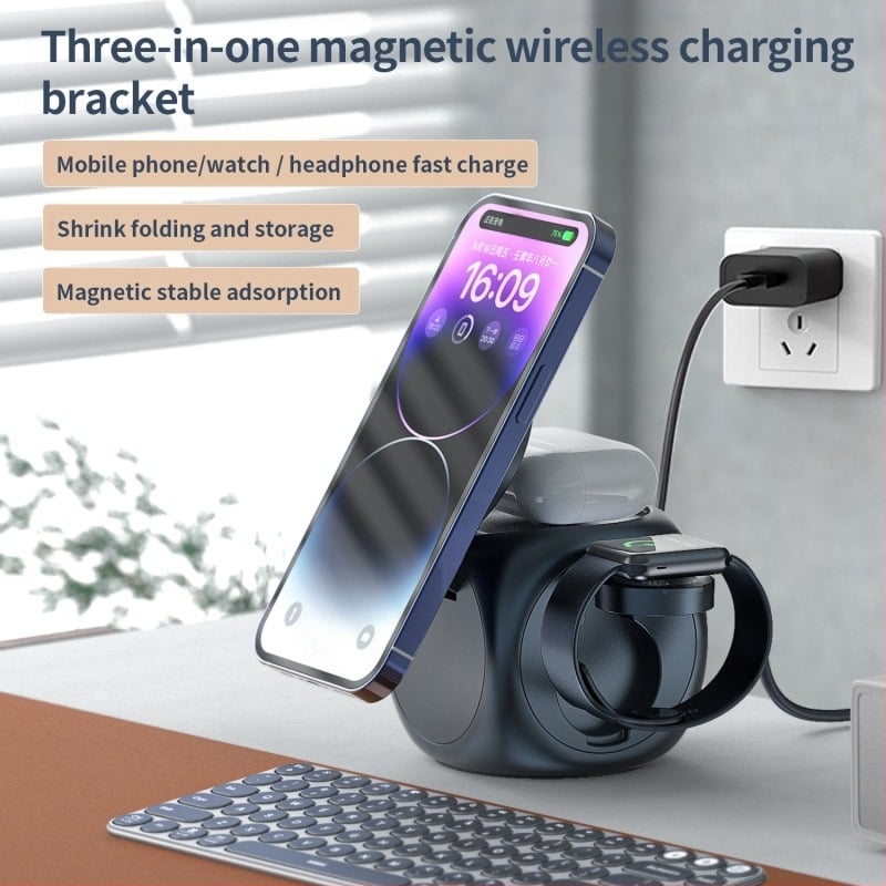 кубообразно 3-в-1 безжично магнитно зарядно за Apple AirPods, Apple Watch и iPhone (15W, AFC, огнеупорен PC, 2A)
