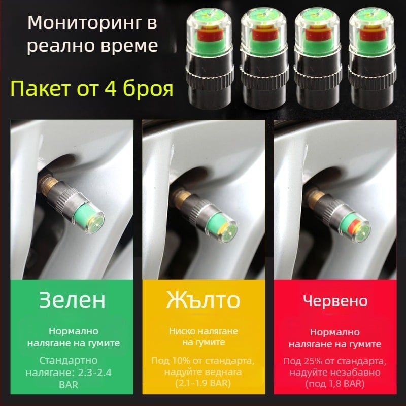 Метална капачка за предупреждение на налягането в гумите, диапазон 2,4 bar, цветен дисплей, мониторинг на налягането