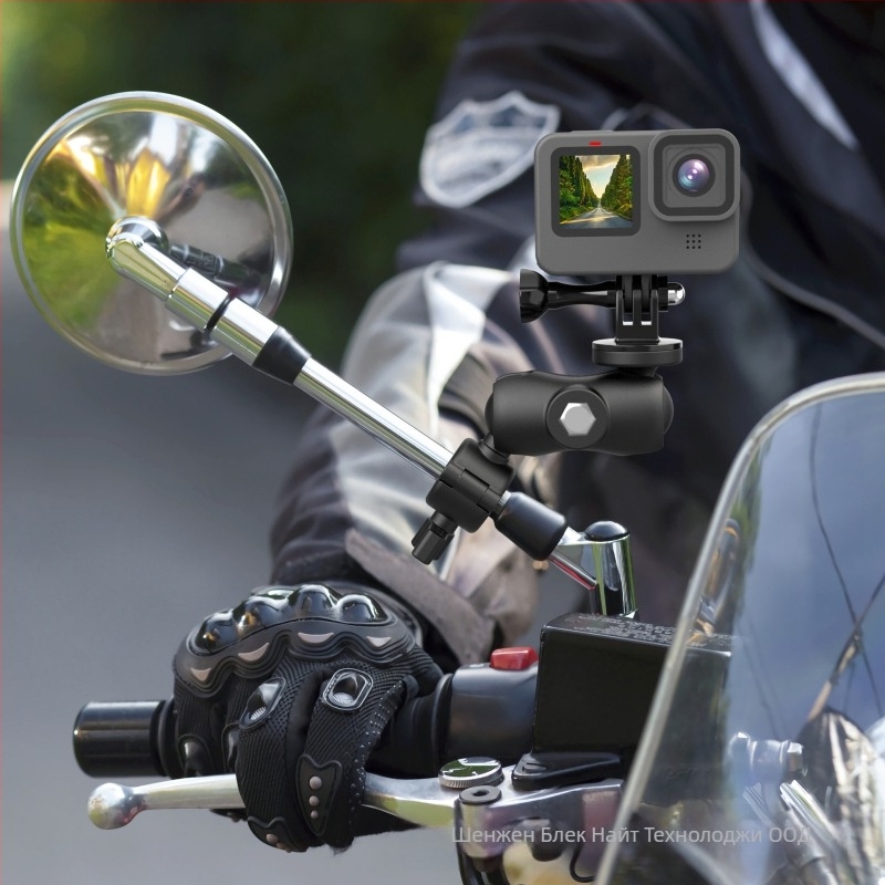 Мотоциклетна база за задно огледало с монтиране на телефон и екшън камера | Материал: найлон + фибра | Модел: GP377A-L/GP377B-L | Съвместим с GoPro, Insta360, DJI и Xiaoyi | Възможност за печат на лого