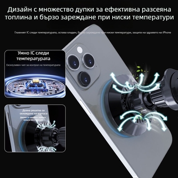 MagSafe автомобилно безжично зарядно с кръгла форма и RGB осветление – 15W, QC3.0, магнитно зареждане за iPhone