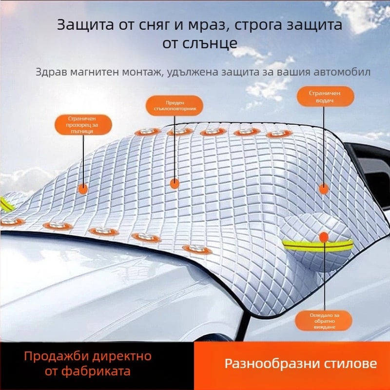 Покривало за предното стъкло на автомобил - удебелен алуминиев филм, монтаж с вакуумни чашки, универсално за модели, тегло 1 кг