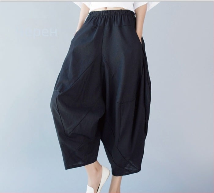 Панталони харем за жени, стил етно, памук-лен, висока талия, cropped дължина, еластична талия, пролет 2025