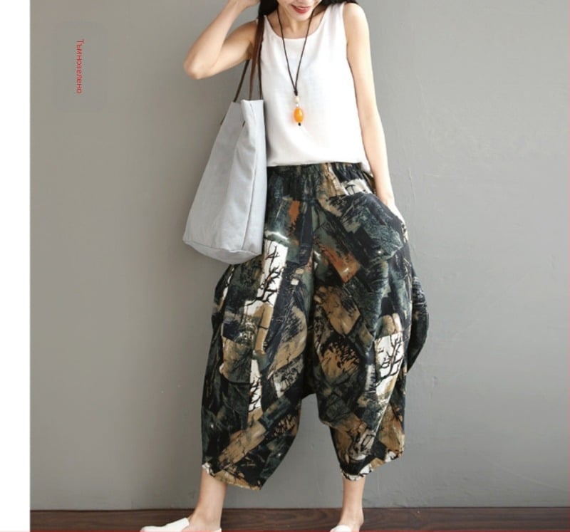 Панталони харем за жени, стил етно, памук-лен, висока талия, cropped дължина, еластична талия, пролет 2025