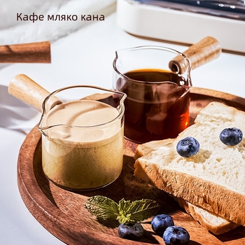 Чаша за еспресо с мерителна скала и стъклено тяло, дървена дръжка – модерен семпъл стил кафе чаша с отпечатано лого