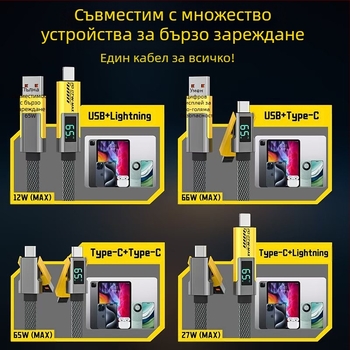 Четири в едно мултикабел с цифров дисплей за iPhone и Huawei Mate70, Lightning и USB-C, 100W PD бързо зареждане, цинкова сплав