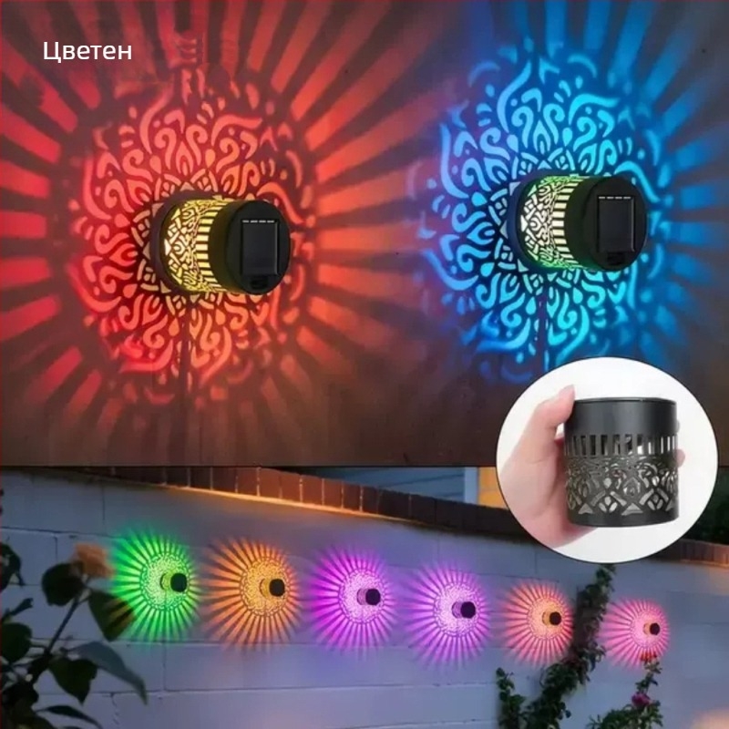 Соларна стенна лампа с мандала‑слънчоглед за градински пейзаж • IP65 • LED осветление • модел ZY-005 • време на осветяване 6–12 часа • живот 5000 часа