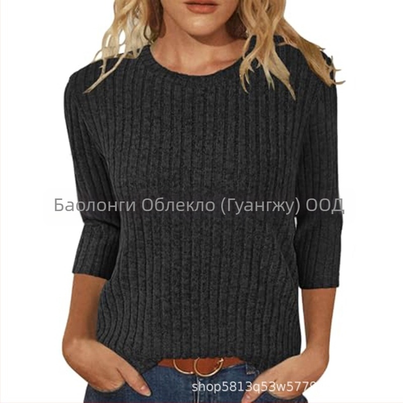 Женска тениска с кръгло деколте, ръкав 3/4, едноцветна, бръшнат плат, свободна кройка