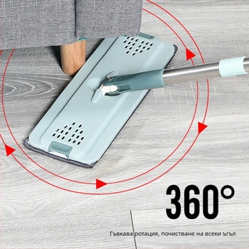 Плосък моп Thai shide — микрофибър; неръждаема стомана дръжка; отцеждане 50–60%; Velcro тип закрепване